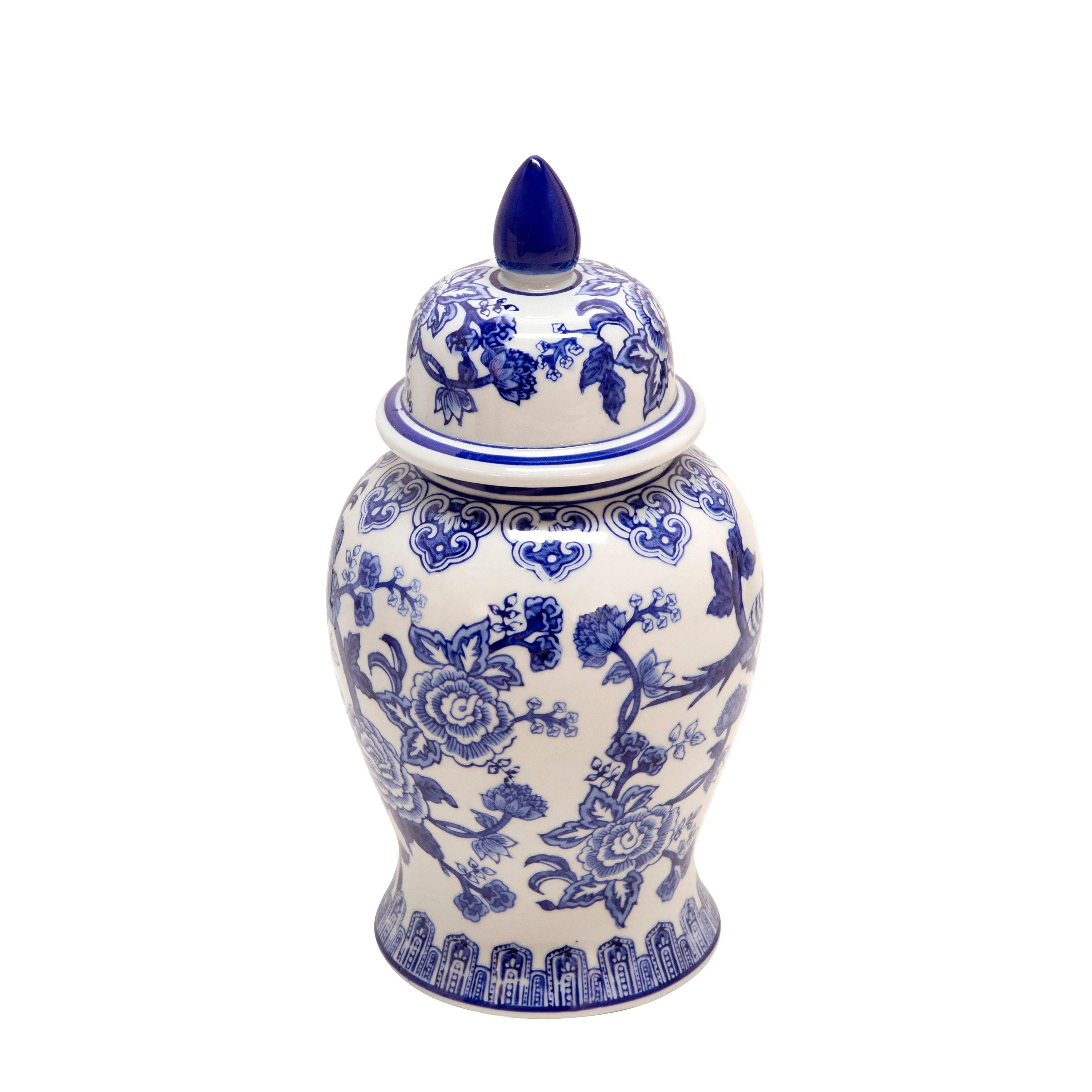14" Temple Jar Bird/Flower, Blue