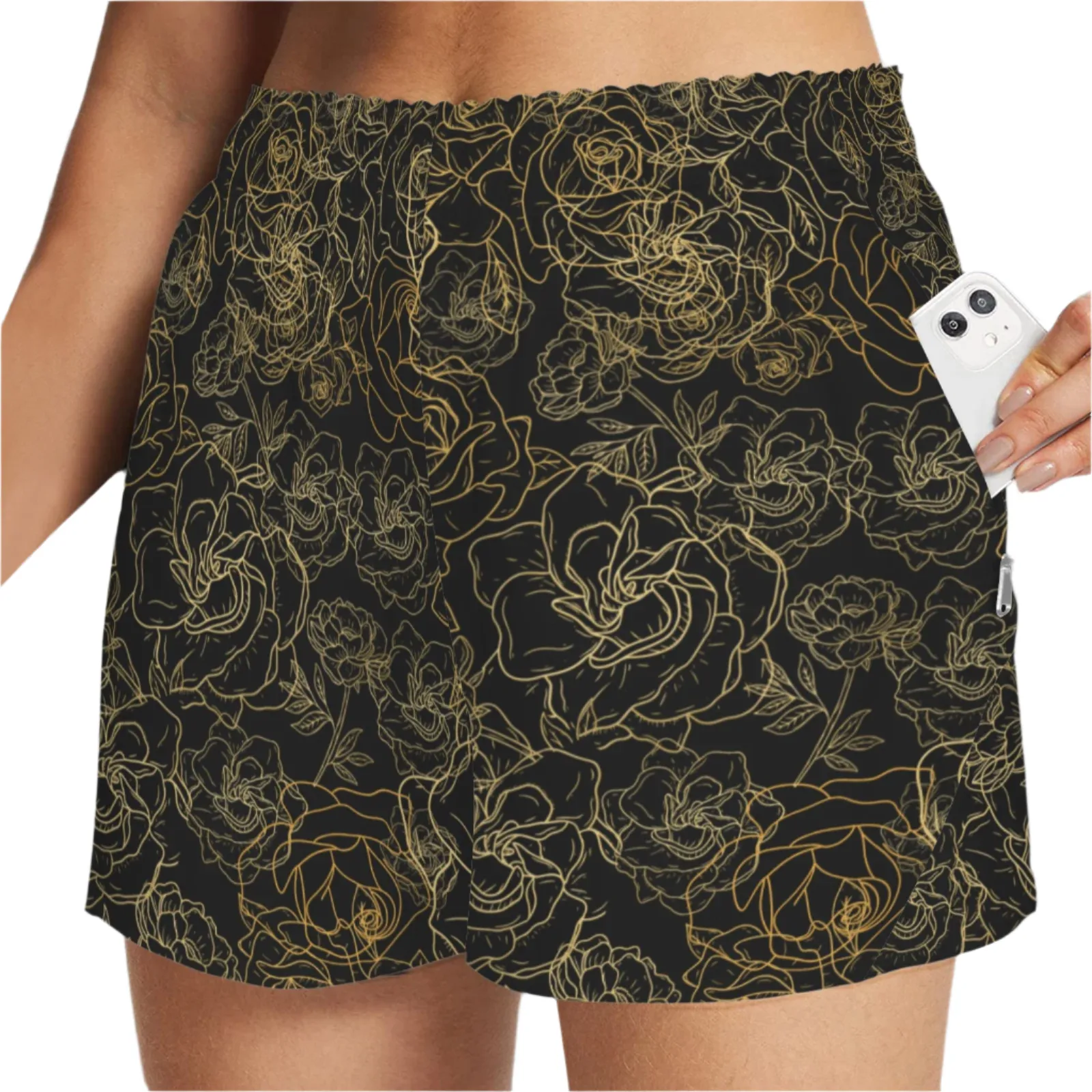 Golden Roses Black Art Zip Pocket Shorts up to 5 XL (FWS)