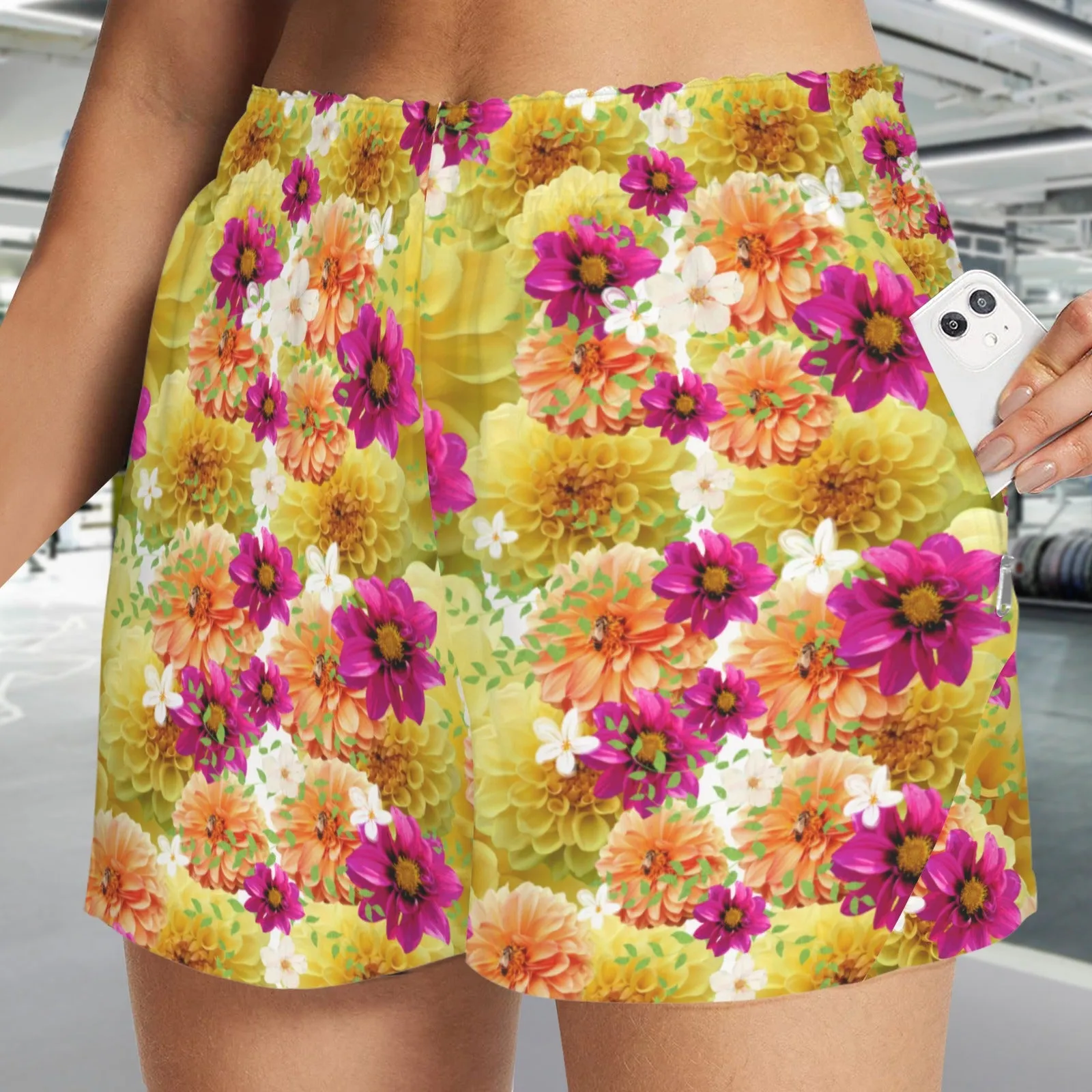 Graphic Dahlias 2 Zip Pocket Shorts up to 5 XL (FWS)