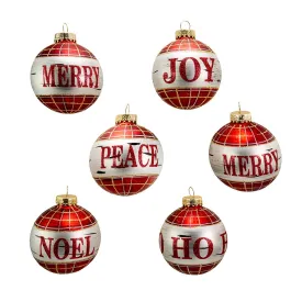 Kurt Adler Glass Black and Red Plaid Ball Ornaments With Sayings