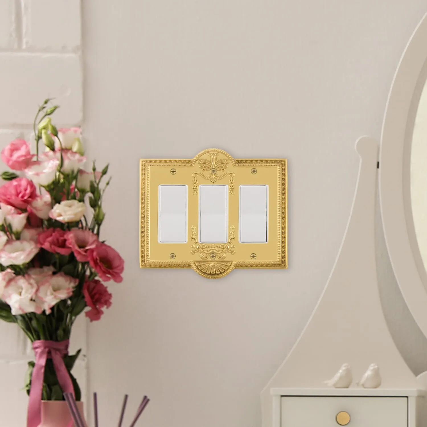 Meadows Switch Plate with Triple Rocker in Unlacquered Brass