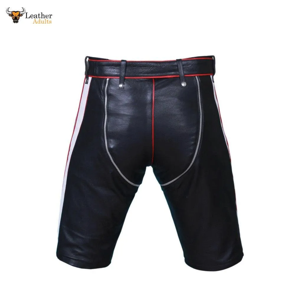 Mens Genuine Cow Leather Black and Red Contrast Chaps Shorts Club wear Shorts