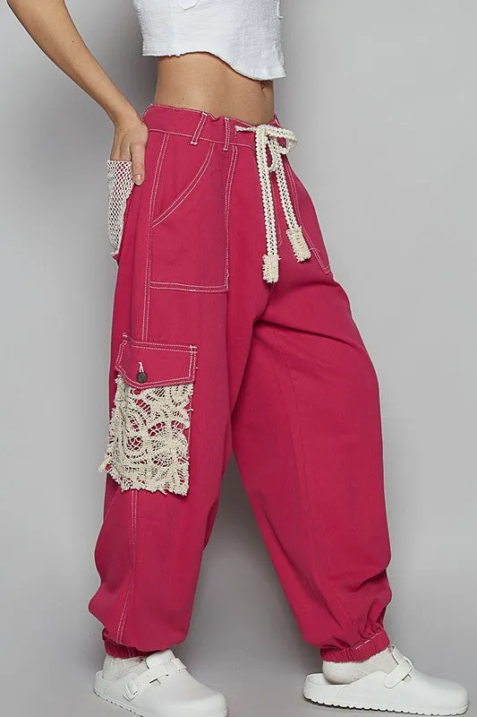 POL Clothing Crochet Overlay Pockets Drawstring Pants