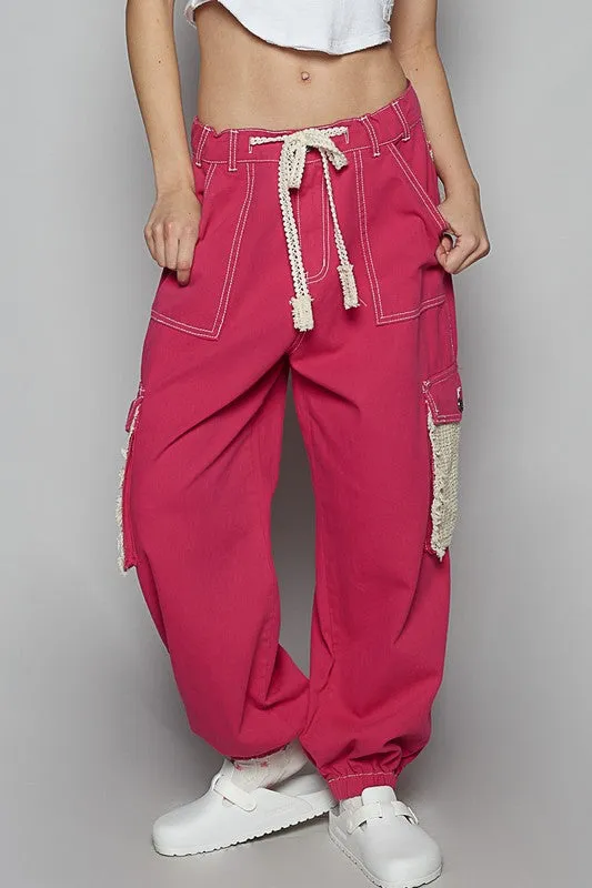 POL Clothing Crochet Overlay Pockets Drawstring Pants