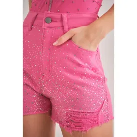 Rhinestone Embellished Stretch Denim Shorts