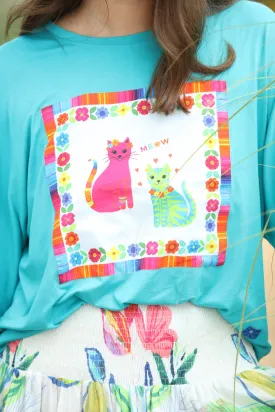 Teal Kitties Knit Tee