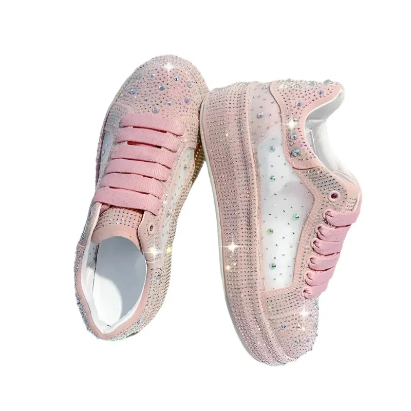 Women's Rhinestone Sparkle Sneakers – Luxury Platform Fashion Casual Shoes with Net Surface Design
