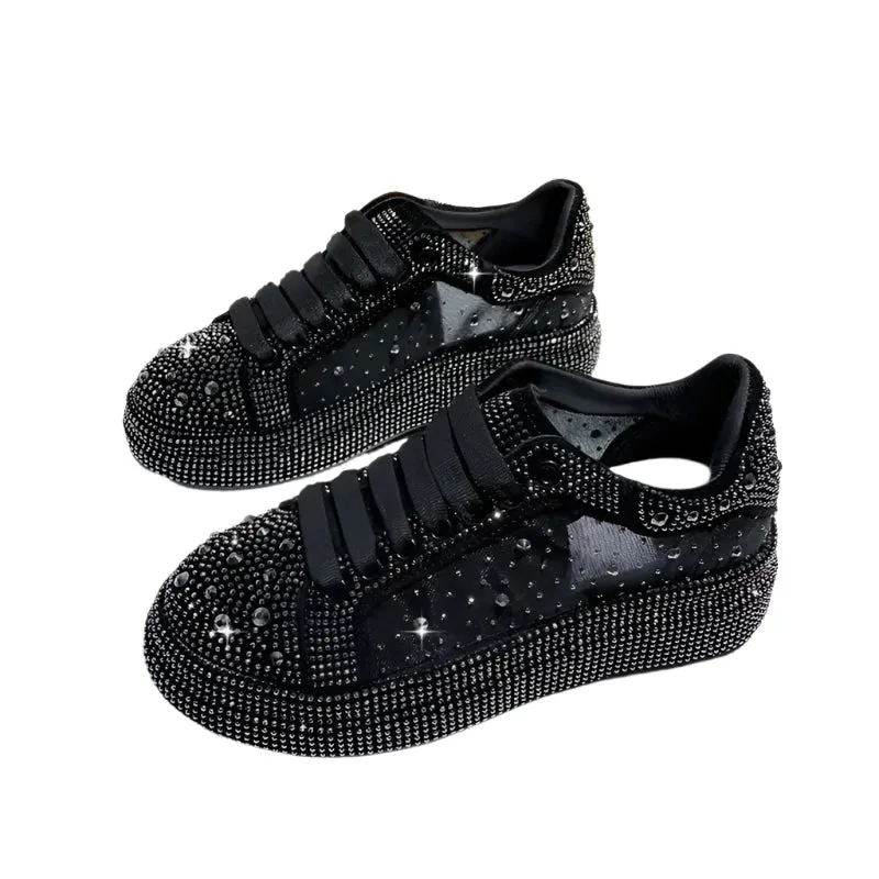 Women's Rhinestone Sparkle Sneakers – Luxury Platform Fashion Casual Shoes with Net Surface Design