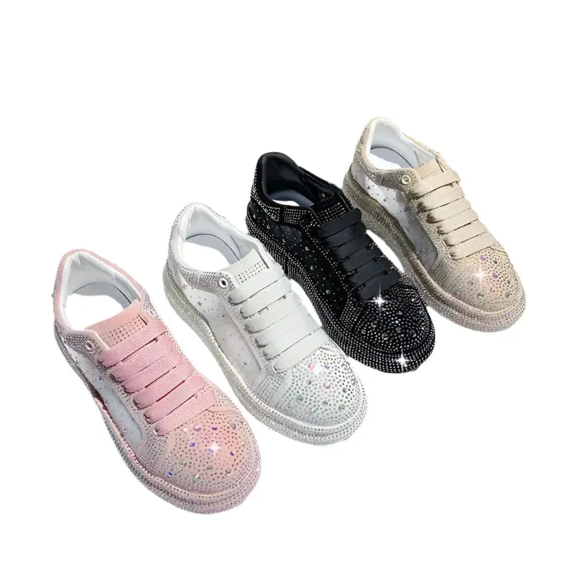 Women's Rhinestone Sparkle Sneakers – Luxury Platform Fashion Casual Shoes with Net Surface Design