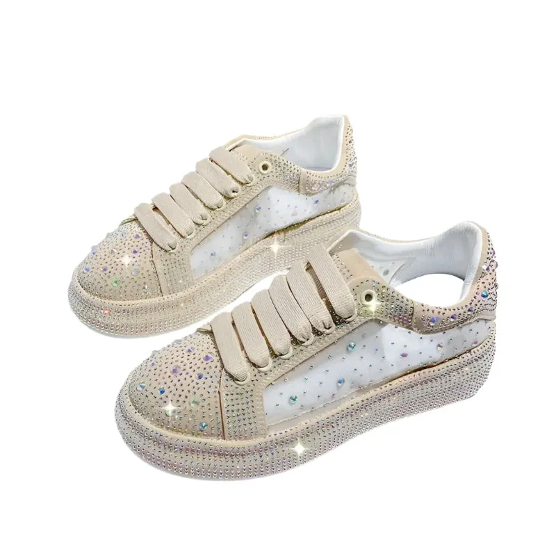 Women's Rhinestone Sparkle Sneakers – Luxury Platform Fashion Casual Shoes with Net Surface Design